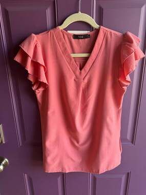 VDJ Women's Coral Flutter Sleeve small V-Neck Ruffle Blouse E167